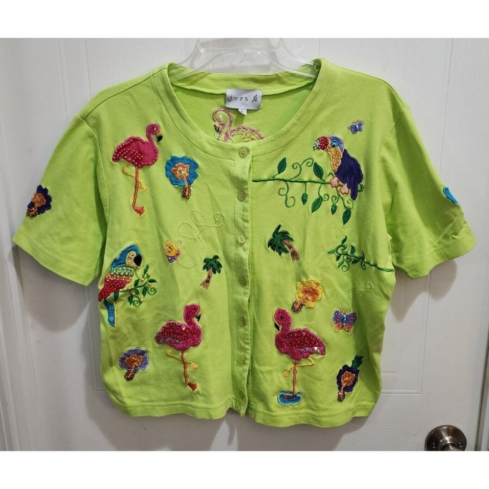 Vtg 90's Just B Women's Beaded Sequin‎ Birds Colorful Button Up Top Green Sz L